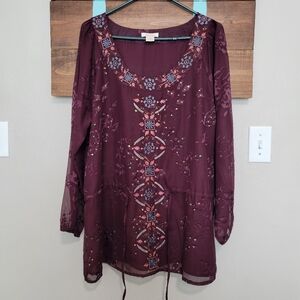 Sundance Burgandy Burnt Velvet Embroidered Sequence Tunic Blouse Size XL